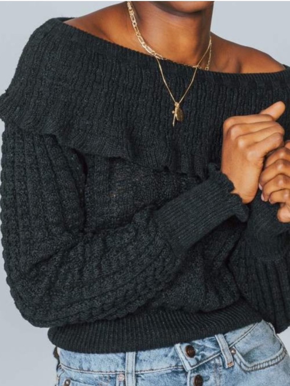 Free People Off-Shoulder Black Ruffle Cable Knit Sweater Small